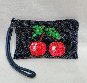 Beaded Sequin Juicy Cherries Party Wristlet Or Clutch Hand Bag 5"× 3" - Picture 1 of 7