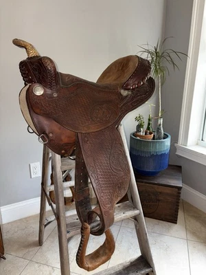 Sillín Western vintage de 15 pulgadas de cuero con cuarto completo barras de caballo Trail Ranch Foto 1 de 4
