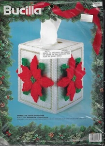 Bucilla ~Cubierta de caja de tejido Poinsettia ~ Kit de lona de plástico #61178 tamaño boutique - Imagen 1 de 2