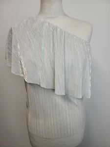 BNWOT Womens Silver Off The Shoulder Frill Top by Warehouse. Size 8 - Picture 1 of 7