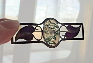 Antique Sterling Silver Landscape Moss Agate Scottish Ivy Oversized Brooch Pin - Picture 1 of 10