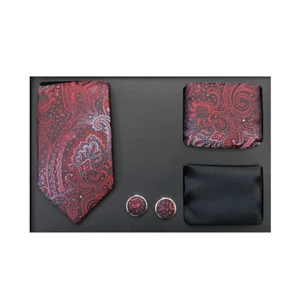 Nuevo Formal Hombres Corbata Delgada 2 Pañuelos Gemelos Conjunto de Regalo Negro Rojo Paisley - Imagen 1 de 3