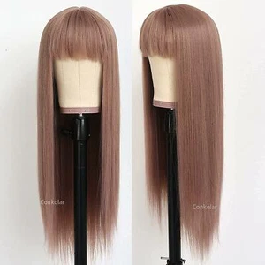 Pelucas de cabello rubio oscuro sintético sin encaje resistentes al calor largas lactas flequillo completo - Imagen 1 de 6