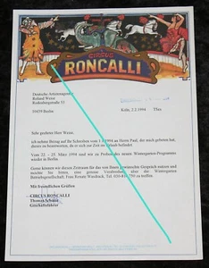 CIRCUS RONCALLI ,Brief an Deutsche Artisten Agentur 1994 - Bild 1 von 3