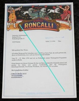 CIRCUS RONCALLI ,Brief an Deutsche Artisten Agentur 1994 - Bild 1 von 3