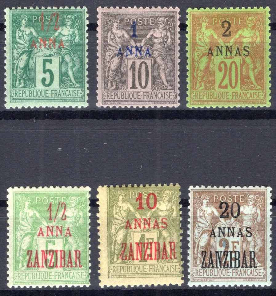 ZANZIBAR / FRENCH COLONY / Y&T # 1 - 2 - 4 - 18 - 29 - 30 MINT MH / VF CV 170 $ - Image 1 of 1