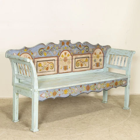 Early 20th Century Antique Original Blue Painted Bench from Romania Cover