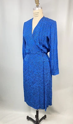 Vintage Dress SIZE 10 LARGE blue silk wrap ADRIANNA PAPELL 80s 90s long sleeve - Image 1 of 4