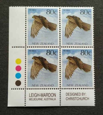 1993 New Zealand Birds of Prey Falcon 80c xB4 Stamps MNH (colour & imprint tabs) - Image 1 of 2