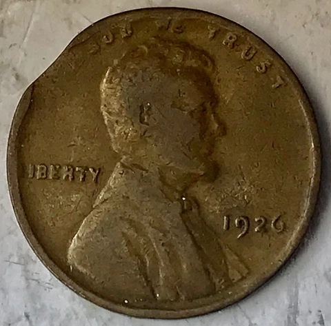 1926 LINCOLN wheat cent, small curved clip, lamination at clip on reverse Cover