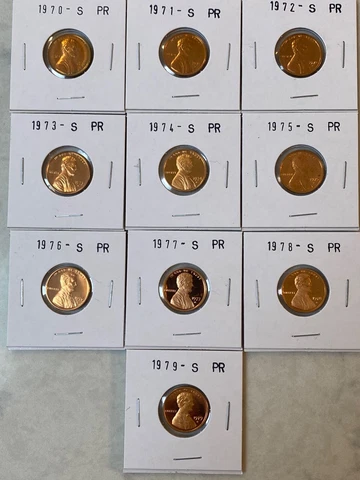1970 to 1979 S Proof Lincoln Memorial Cent Penny 10 Coin Set Cover