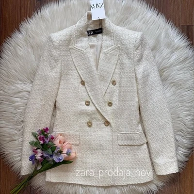 ZARA Ecru Textured Double Breasted Blazer Jacket Size L REF:9104/960  - Image 1 of 4