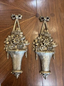 VTG MCM Syroco Dart 4967 Barbola Flower Basket 20.5” Gold Tone Wall Hanging 1964 - Picture 1 of 12