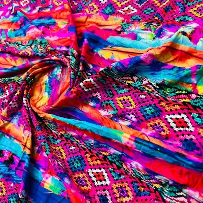 Tela elástica de 4 vías étnica multicolor estampado de neón spandex por yarda para trajes de baño Foto 1 de 4