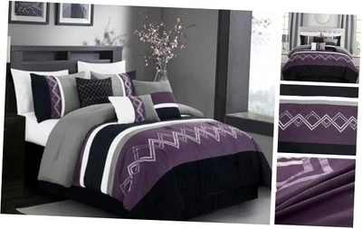  Arden 7-Piece Modern Pleated Stripe Oversized King Purple/Black/Gray/White - Image 1 of 4
