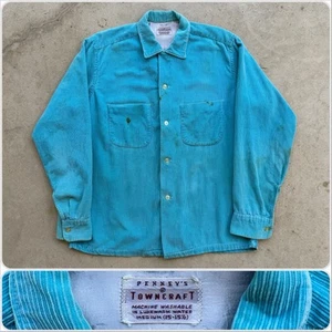 50s Vtg PENNEYS TOWNCRAFT Turquoise Corduroy Loop Collar Shirt Medium 15 - 1/2 - Picture 1 of 21