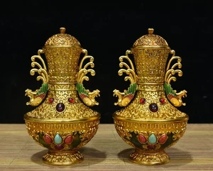 7.5″ Pair Exquisite copper Cloisonne enamel inlay gemstone vase flower bottle - Picture 1 of 9