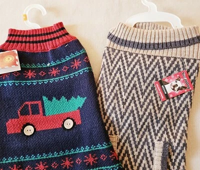 Lot of 2x Dog Sweaters / Knit Navy Blue Country Design & Brown Beige - Med. NWT  - Image 1 of 4