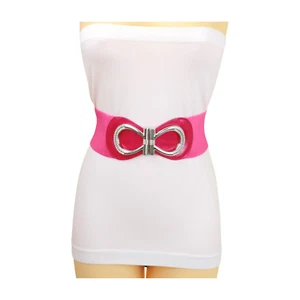 Women Pink Elastic Fabric Stretchable Band Hot Belt Silver Metal Bow Buckle S M - Picture 1 of 21