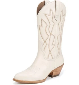 Sam Edelman Fuller Ivory Stacked Heel Pointed Toe Pull On Leather Western Boots - Picture 1 of 7
