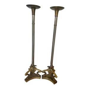 PAIR VINTAGE REGENCY BAROQUE MAITLAND SMITH BRASS/CHROME CANDLE HOLDERS - Picture 1 of 8