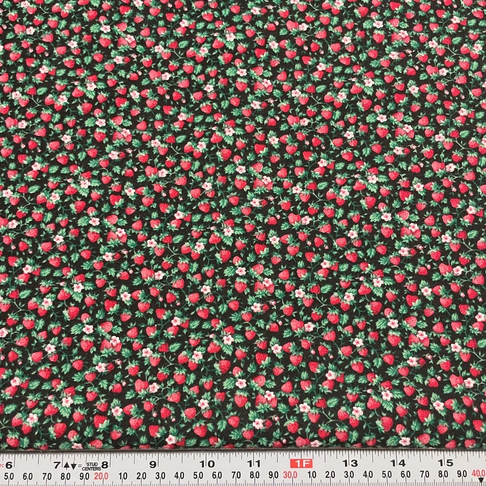 Vintage Joan Kessler for Concord Strawberries on Black Cotton Remnant 16" x 45" - Image 1 of 2
