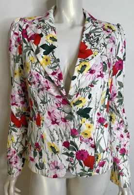 Louis Feraud White Pink Wildflower Floral Blazer Jacket US 8 Poppies Daisies - Image 1 of 4
