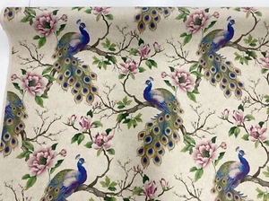 Tela de pavo real magnolia floral lino aspecto cortina rica en algodón - Imagen 1 de 11