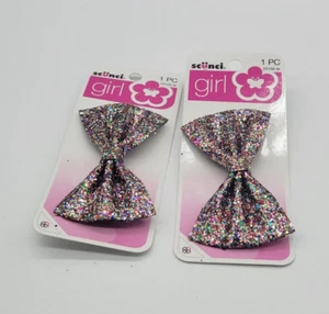 2 PACK SCUNCI GIRL SILVER GLITTER BOW WITH BUILT IN CLIP - Picture 1 of 7