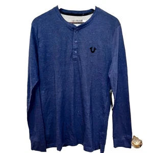 True Religion Shirt Mens Large Henley Long Sleeve Thermal New Blue - Picture 1 of 6