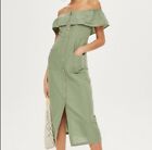 TOPSHOP Linen Blend Green Linen Cotton Blend   Button Midi Dress sz 12 NWOT