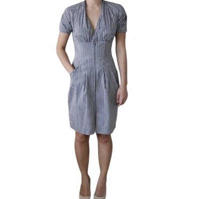 BCBG Max Azria 海军蓝白色格子格子连衣裙 0 码欧洲夏季花园 — 第 1/4 张图片