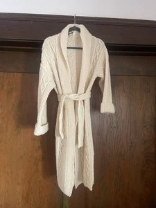 Vintage Aran Hand Knit Irish Wool Cardigan Sweater Coat Belted 100% Pure Wool L - Bild 1 von 15
