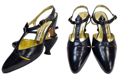 Vintage ESCADA T-Strap Heel Shoe 7.5 B Navy Luxury Gold Gatsby Flapper Exc ITALY - Image 1 of 4