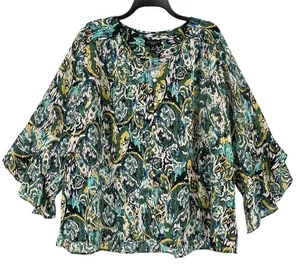 Investments Blouse Top Women's 3X Paisley Etched Button Front Ruffle Sleeve - Picture 1 of 11