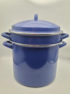 Vintage Stock Pot Blue Enamel Speckle 3Pc Strainer Steamer 6 Qt Cowboy Camping - Picture 1 of 12