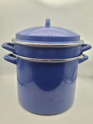 Vintage Stock Pot Blue Enamel Speckle 3Pc Strainer Steamer 6 Qt Cowboy Camping - Image 1 of 4