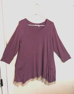 LOGO Lori Goldstein Womens Blouse 1X Plus Purple Floral Lace Tunic Pockets HOLE - Image 1 of 4