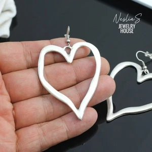 Große Herz Ohrringe Silber, Lange Herz Ohrhänger Damen Schmuck, Statement - Picture 1 of 8