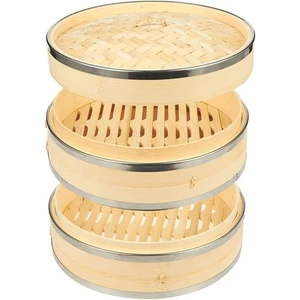 2 Tier Bamboo Steamer Basket 10 Inch for Dim Sum Bao Bun Dumpling Cooking - Picture 1 of 6
