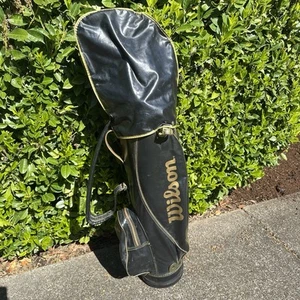 VTG Wilson 15-Way Vinyl Golf Bag Black & Gold Made In USA Carry Strap/Rain Cover - Picture 1 of 12