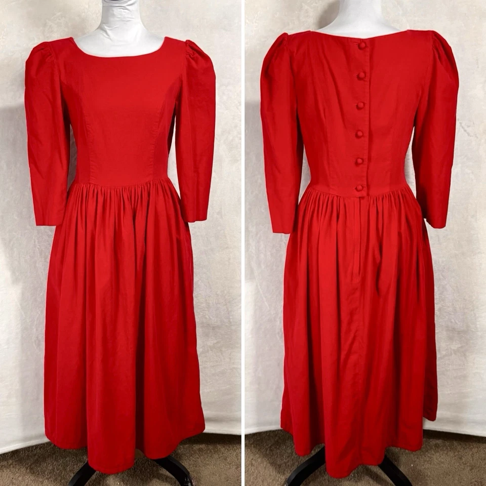 Vestido midi vintage manga abullonada pana talla 6 rojo botón trasero boho cottagecore Foto 1 de 4