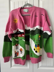 Vintage 90s Golf Knit Cardigan Pullover Damen Medium California Sweater Handmade - Bild 1 von 8
