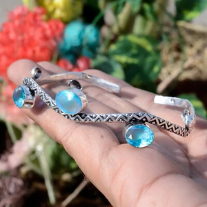 Swiss Blue Topaz Gemstone CufF 925 Sterling Handmade Silver Jewelry Bracelet - Picture 1 of 8