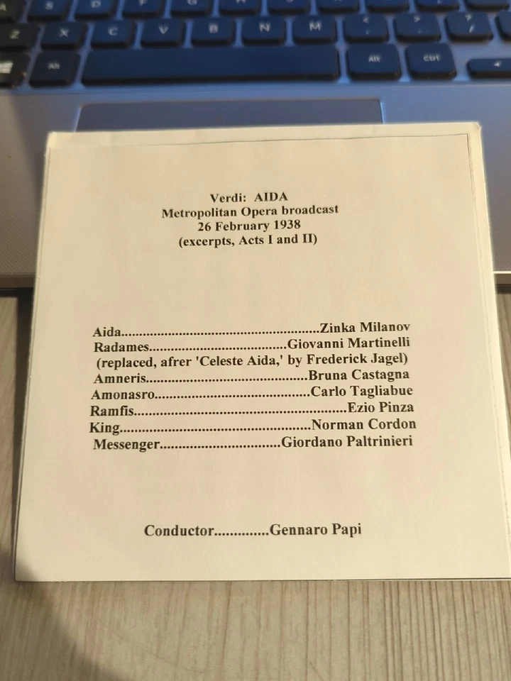 LIve Recorded Opera CD -1613 Aida 1938 Milanov Martinelli Castagna Pinza Cordon Foto 1 de 1