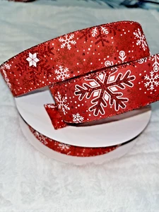 Cinta de borde con cable satinado rojo con patrones de copo de nieve blanco 1,5"x5 yardas totalmente nueva - Imagen 1 de 6