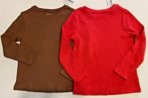 NEW 4T GIRLS OLD NAVY SOLID BROWN CANTERBURY RED LONG SLEEVE THERMAL TOPS X 2 - Picture 1 of 1