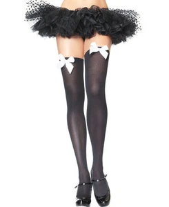 Long BLACK OPAQUE SOCKS Knee/Thigh High with WHITE BOWS COSTUME FAST FREE POST - Foto 1 di 1