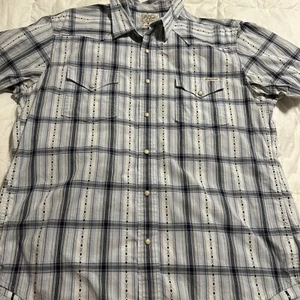 Lucky Brand Pearl Snap Shirt Short Sleeve XL White Blue Aztec Western - Picture 1 of 12