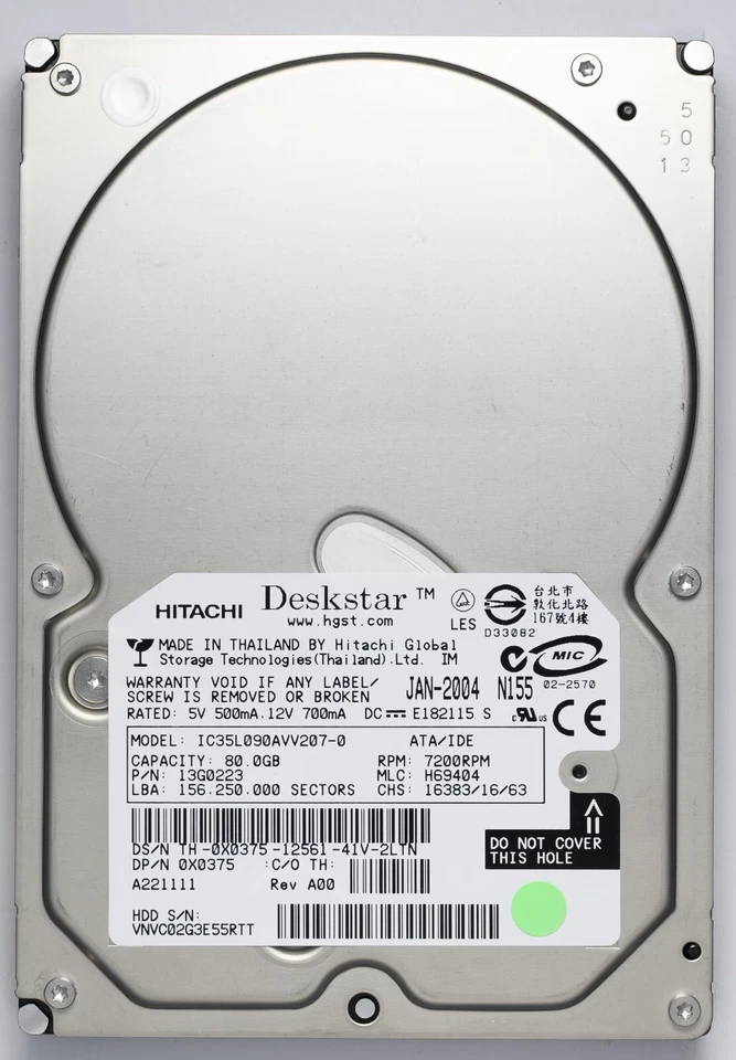 Hitachi Deskstar 80GB IDE Desktop Hard Drive Model IC35L090AVV207-0  P/N IC35L09 - Image 1 of 2